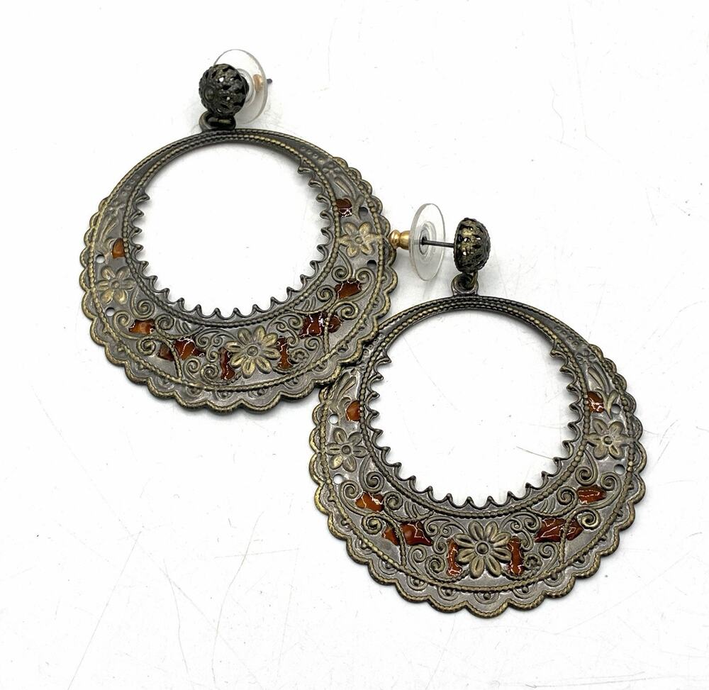 Ornate Floral Hoop Earrings 2” Antique Brass Tone Orange Enamel Boho